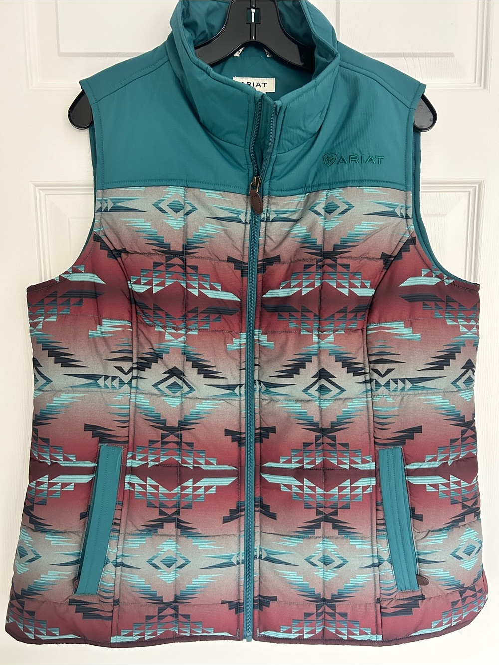 Ariat Teal and Burgundy Aztec Print Quilted Vest - Picture 3 of 6